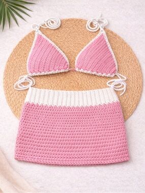 Pink Crochet Bikini Set with White Trim